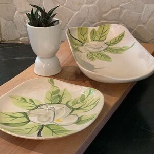 RED WING POTTERY | Set of 2 | Hand Painted Magnolia Plate & Small Platter